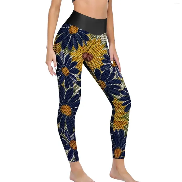 Pantalones activos con estampado Floral para mujer, mallas deportivas de secado rápido con realce para gimnasio, mallas deportivas azules y amarillas para Yoga, regalo estético