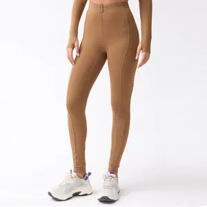 Pantalon actif Zip avant taille haute Sport Leggings femmes côtelé entraînement pantalon de gymnastique compression élastique collants de course 2023 Pilates Leggins