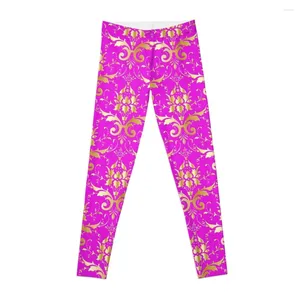 Pantalones Activos Patrón De Damasco Dorado En Leggings Rosas Mujer Yoga Mujeres Gimnasio Deportes De Mujer