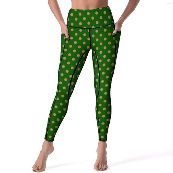 Pantalones activos Leggings con puntos dorados Lunares festivos Entrenamiento Yoga Cintura alta Bolsillos deportivos elegantes Legging con estampado elástico