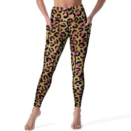 Pantalones activos Leggings de leopardo rosa dorado Bolsillos Estampado animal Gráfico Yoga Push Up Entrenamiento Gimnasio Legging Dulce Estiramiento Deporte