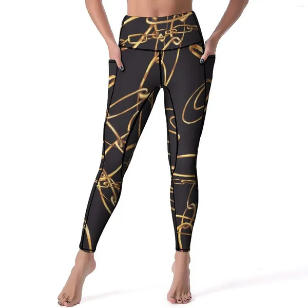 Pantalones activos mallas con cadena dorada anillos Vintage Fitness gimnasio Yoga Push Up mallas deportivas Retro bolsillos estiramiento personalizado Legging