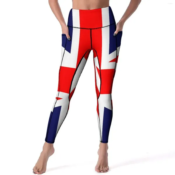 Pantalones activos Leggings con la gran bandera británica Bolsillos Estampado de banderas Gráfico Yoga Push Up Running Legging Lindo deporte elástico