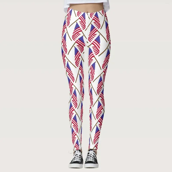 Pantalones activos Día de la independencia para mujeres American 4 de julio Impresión espesa Leggings Longitud de la rodilla Algodón lindo