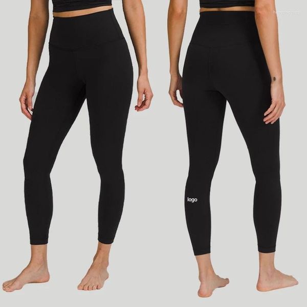 Pantalones activos Lu Logo cintura alta mallas negras mujeres Nylon suave desnudo Push Up Yoga entrenamiento señoras medias Fitness gimnasio desgaste 23 colores