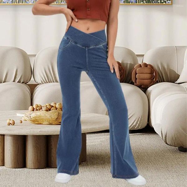 Pantalon actif à la taille de la taille à la taille des jeans femmes en denim large jambe à feu à la jambe décontractée de style coréen décontracté pantalon de poche inférieur