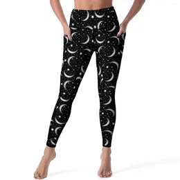 Actieve broek Maan en sterren leggings magische hemelse training yoga push omhoog retro sport zakken stretch design legging