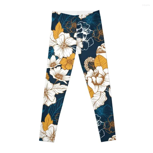 Pantalones activos azul marino y dorado flor de peonía sin costuras patrón Leggings ajustados mujer Fitness mujeres deportes mujeres