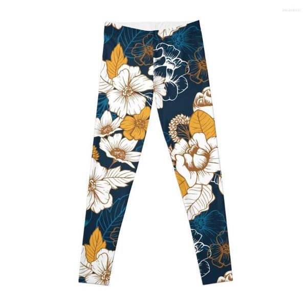 Pantalones activos Azul marino y dorado Flor de peonía Patrón sin costuras Leggings Mujeres Deporte Legging Mujeres