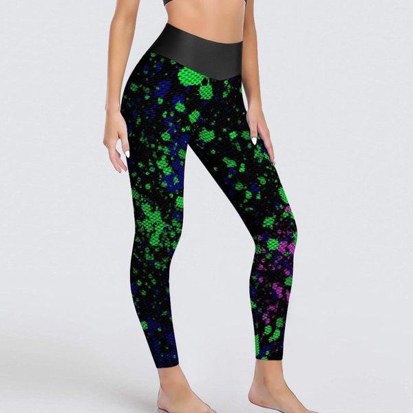 Pantalon actif Leggings de peinture au néon bleu rose vert éclaboussures course Yoga femmes Sexy esthétique Leggins Stretch collants de sport