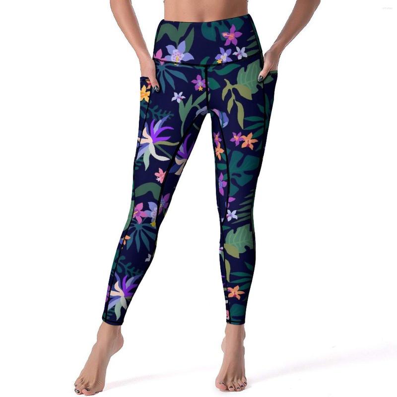 Actieve broek Nacht Tropische bloemenlegging Bloemenprint Gym Yoga Dames Push-up Vintage sportlegging Sneldrogende grafische legging