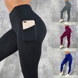 Pantalones activos OEING Bolsillo Cintura alta Leggings para el sudor Ropa deportiva a prueba de golpes Suave Elástico BuLifting Elasticidad Ejercicio Correr Medias