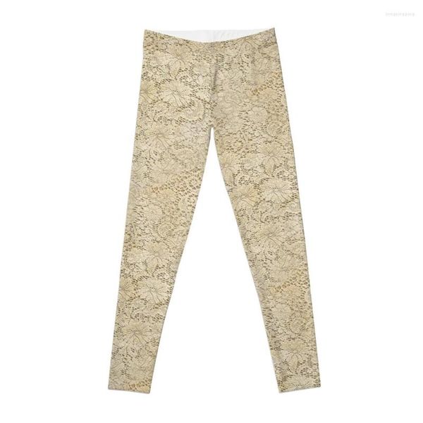 Pantalones activos Patrón de encaje de ganchillo floral viejo Beige Leggings blanqueados Jogging Mujer Legging Push Up Mujer