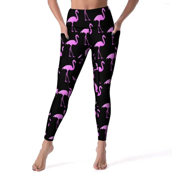 Pantalones activos Pink Flamingo Bird Leggings Diseño de estampado de animales Yoga Cintura alta de la cintura Legging Breathable STRING Sports Tallas