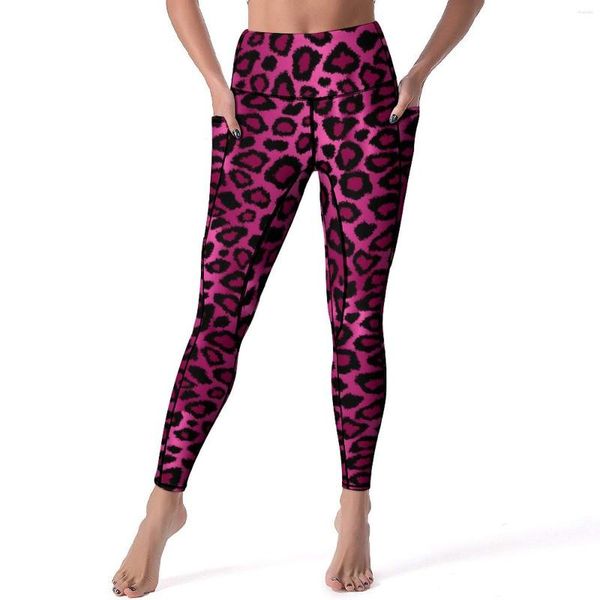 Pantalones activos Leggings de leopardo rosa con bolsillos Estampado de animales Yoga personalizado Push Up Gym Legging Vintage Stretch Sport