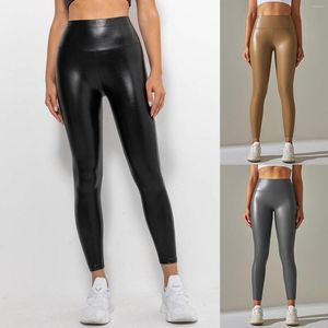 Pantalones activos PU Leggings de cuero de cadera alta apretado moda costura deportes correr Fitness Yoga pierna ancha alta para mujeres