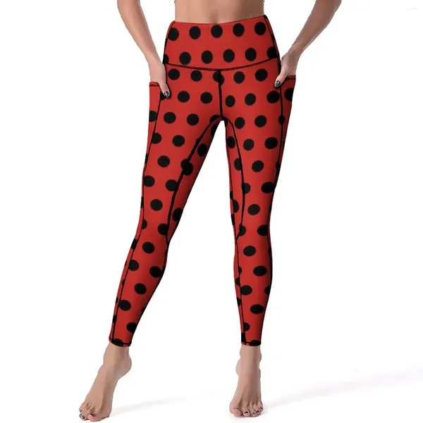 Pantalones activos Leggings de lunares rojos y negros Polkadots Vintage cintura alta Yoga Stretch Legging mujeres diseño Fitness medias deportivas