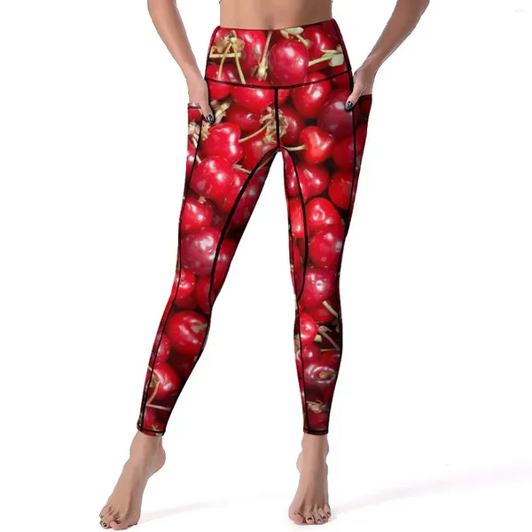 Pantalones activos Leggings con estampado de cerezas rojas fruta dulce gimnasio Yoga cintura alta Sexy bolsillos deportivos Legging con patrón elástico