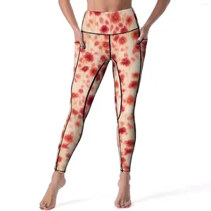 Pantalones activos Leggings con estampado Floral rojo flores abstractas cintura alta Yoga divertidos Legging de secado rápido mujeres entrenamiento personalizado deporte