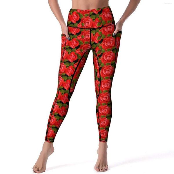 Pantalones activos Rosa roja Yoga Mujeres Flores Imprimir Leggings Push Up Lindo Legging Elástico Impreso Fitness Gimnasio Deportes Medias