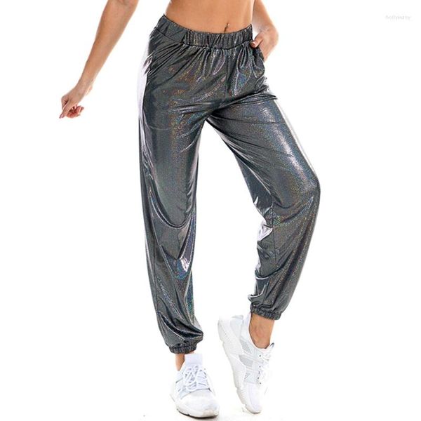 Pantalones activos reflectantes para mujer, pantalones para correr metálicos de cintura alta, pantalones holgados holográficos brillantes para baile de Hip Hop, ropa de calle