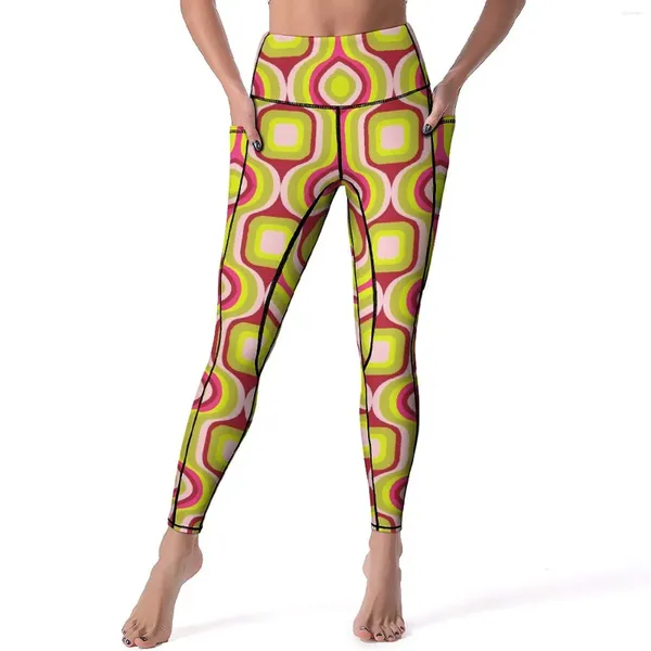 Pantalones activos Leggings con estampado geométrico Retro bolsillos gráficos rojos y amarillos Yoga cintura alta Legging de gimnasio mallas deportivas elásticas informales