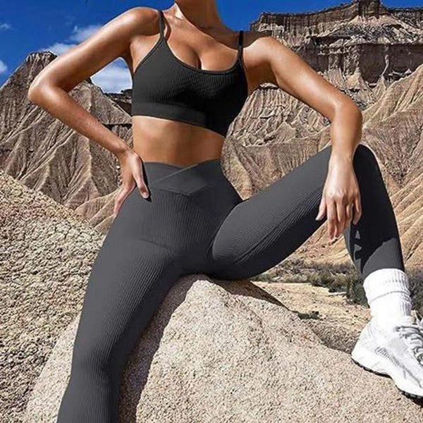 Pantalon actif coupe Slim Leggings décontractés sans couture taille haute Yoga motif côtelé couleur unie longue pour l'entraînement athlétique des femmes