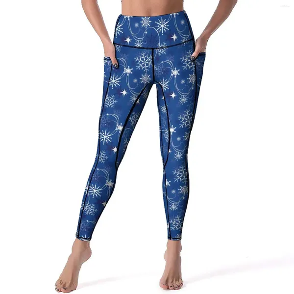 Pantalon actif flocon de neige scintillant, Leggings de Yoga bleu et blanc pour femmes, taille haute, Kawaii, extensible, Fitness, collants de sport