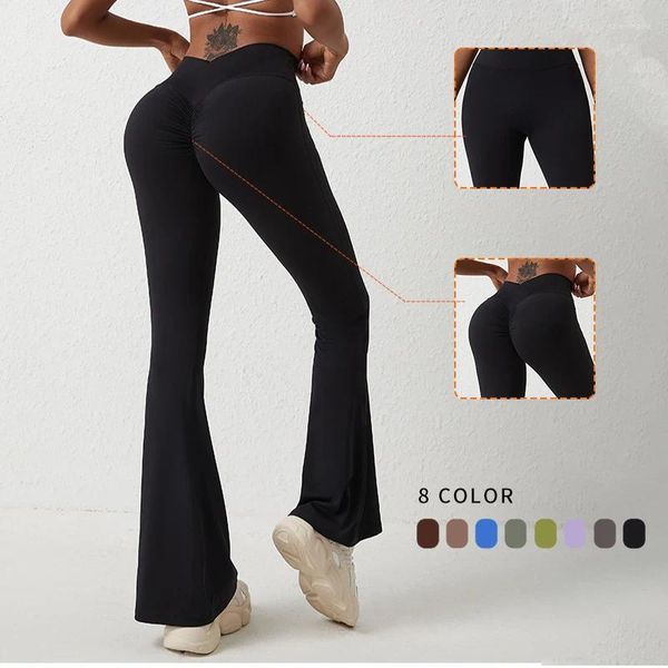 Pantalon actif Couleur unie Taille haute Yoga Legging Fitness Évasé Dos Plis Femmes Gym Sports Boot Cut Pant Pantalon d'entraînement complet Jog