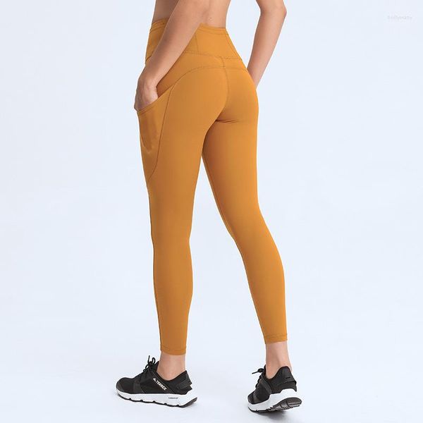 Pantalones activos de Color sólido o estampado para mujer, mallas deportivas para entrenamiento, cintura alta, ajustados, bolsillos laterales, pierna, bronceado, tren de gimnasio