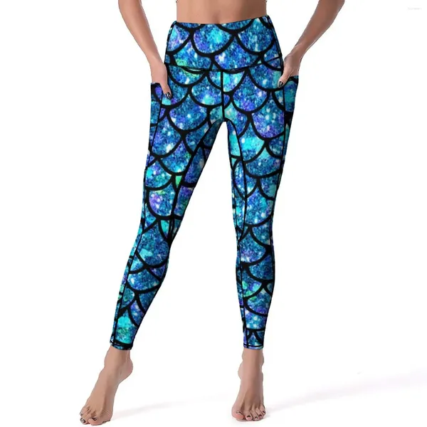 Pantalon actif brillant écailles de sirène Leggings poches magique imprimé coloré graphique Yoga taille haute Fitness Legging élégant