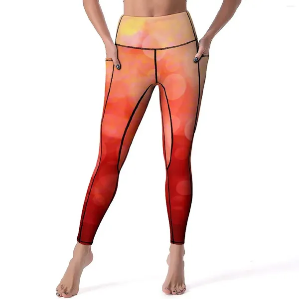 Pantalones activos Leggings con estampado de manchas de puesta de sol con bolsillos Obra de arte abstracto Gráfico Yoga Push Up Legging de entrenamiento Deporte elástico dulce