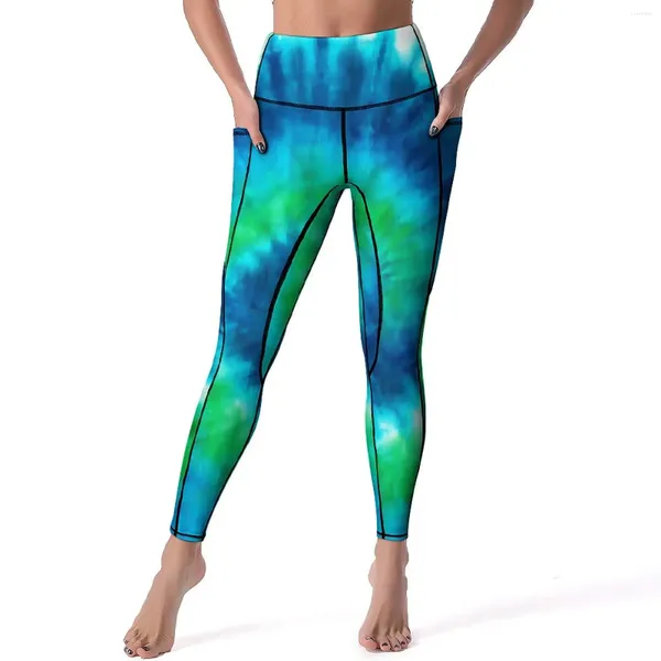 Pantalones activos Tie tinte dibujo Yoga azul y verde Fitness Leggings cintura alta estiramiento medias deportivas diseño Casual Legging regalo