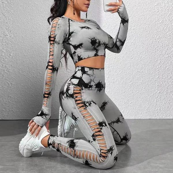 Pantalon actif Tie Dye Yoga Sport Leggins Femmes Sans Couture Vêtements De Gymnastique Fitness Taille Haute Push Up Sexy Creux Conception Collants D'entraînement