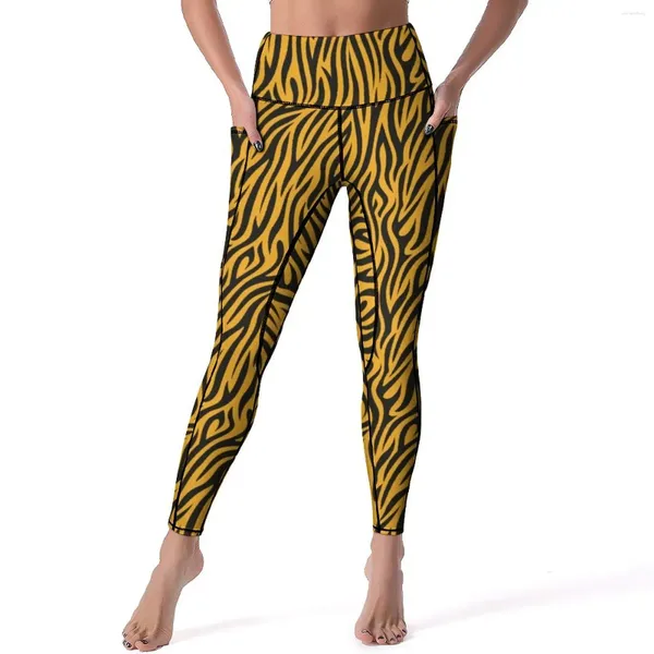Pantalon actif imprimé tigre, Leggings avec poches, rayures dorées, Yoga personnalisé, taille haute, Legging d'entraînement, mignon, extensible, Sport