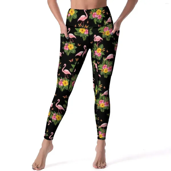 Pantalon actif Leggings imprimés oiseaux tropicaux aquarelle flamant rose Fitness Yoga taille haute Kawaii collants de sport Legging extensible
