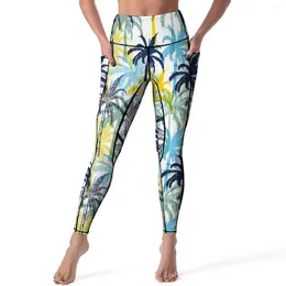 Pantalon actif, Leggings de palmiers tropicaux avec poches, Design imprimé végétal, Yoga, taille haute, Fitness, mignon, extensible, Sport