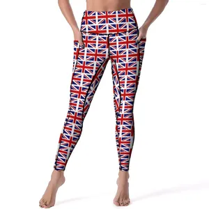 Pantalon actif Legging imprimé drapeaux britanniques Poches Union britannique Personnalisé Yoga Push Up Entraînement Gym Legging Élégant Collants de sport à séchage rapide