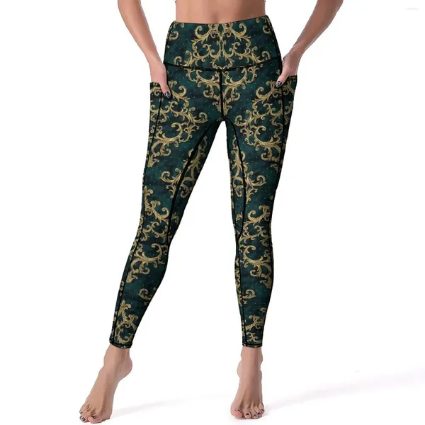 Pantalones activos Leggings con estampado barroco de terciopelo entrenamiento dorado y verde Yoga cintura alta deporte divertido con bolsillos Legging elástico