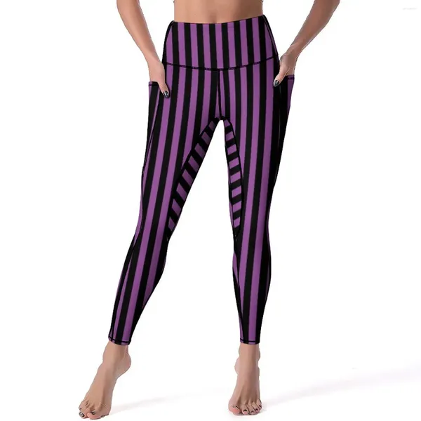 Pantalones activos Leggings de Halloween con rayas verticales Líneas negras moradas Fitness Correr Yoga Cintura alta Medias deportivas elegantes Legging