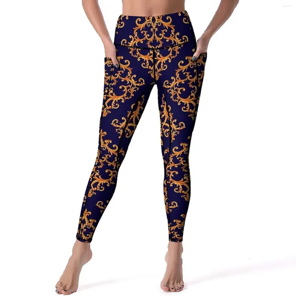 Calças ativas vintage barroco yoga ouro damasco fitness correndo leggings push up estiramento esportes collants engraçado gráfico legging presente