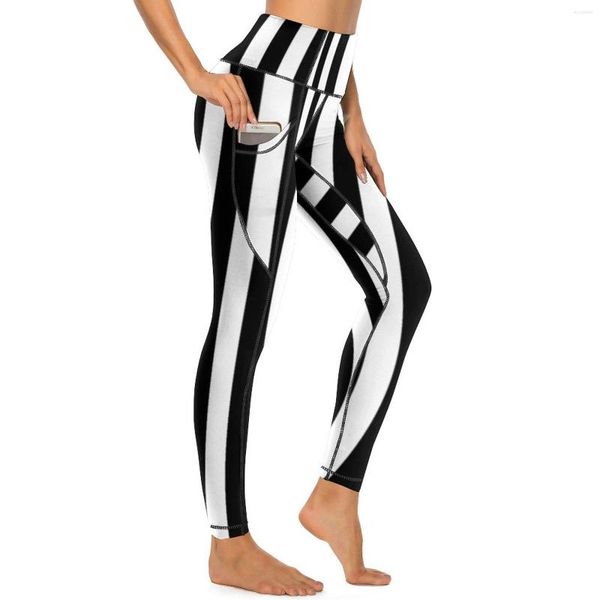 Pantalon actif Vintage rayé qualité Yoga noir blanc rayures verticales Leggings Push Up Gym Leggins Lady Kawaii collants de sport élastiques