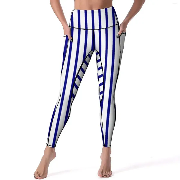 Pantalones activos Leggings de línea blanca y azul estampado a rayas Vintage cintura alta Yoga novedad Legging de secado rápido diseño de mujer