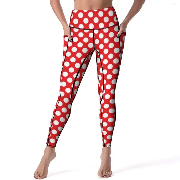 Pantalon actif de Yoga à pois blanc et rouge, Leggings de gymnastique Vintage imprimés à pois, taille haute, collants de sport extensibles, graphique Sexy