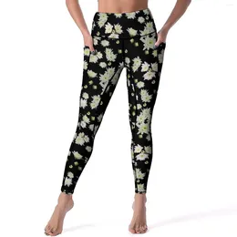 Pantalon actif Leggings floraux blancs poches imprimé fleur de Lotus imprimé Yoga taille haute Fitness Legging de gymnastique drôle extensible