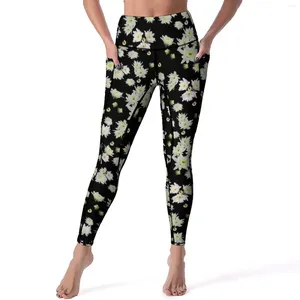 Pantalon actif Leggings floraux blancs poches imprimé fleur de Lotus imprimé Yoga taille haute Fitness Legging de gymnastique drôle extensible