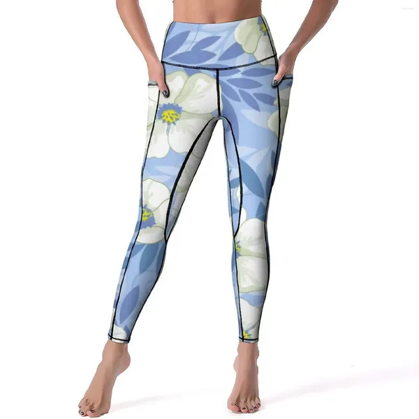 Pantalones activos Leggings con estampado de flores blancas Hojas florales Cintura alta Yoga Estética Legging elástico Diseño de mujer Fitness Running