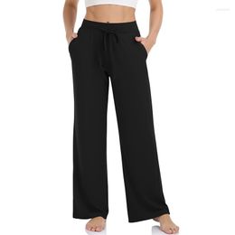 Pantalones activos de pierna ancha para mujer, cintura alta, cómodos, elásticos con bolsillos, pantalones de chándal informales con cordón, mallas acampanadas holgadas para gimnasio