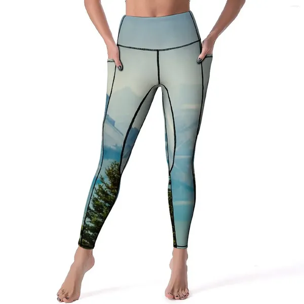 Pantalon actif hiver montagnes Yoga dame arbre et lac imprimé Leggings Push Up Vintage Legging conception à séchage rapide collants de sport de gymnastique