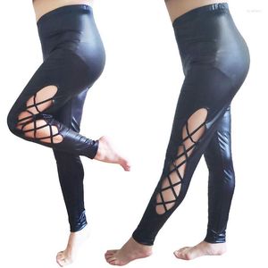 Pantalon actif Legging pour femme Pantalon de survêtement Haute élastique Imitation cuir 4 couleurs Cross Strap